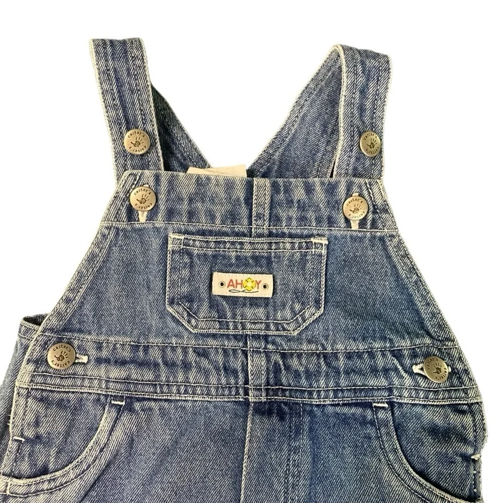 VTG Carter’s Sailboat Ahoy Embroidered Denim Overall Bibs Size 9 Months